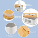 Butter container with wooden lid and knife, featuring details on materials and design.