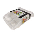 Clear plastic container with a black label on a white background