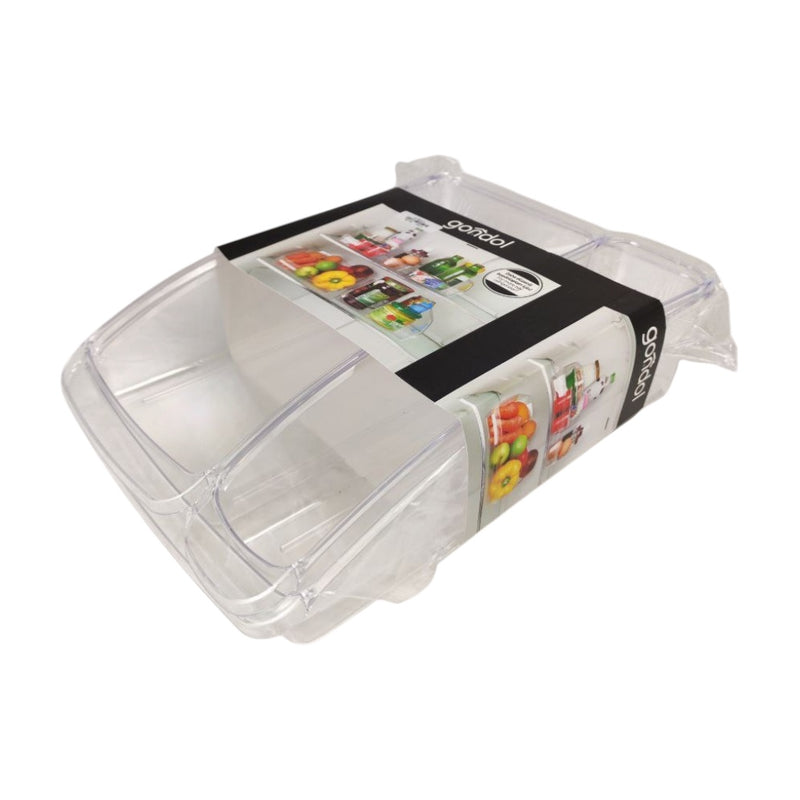 Clear plastic container with a black label on a white background