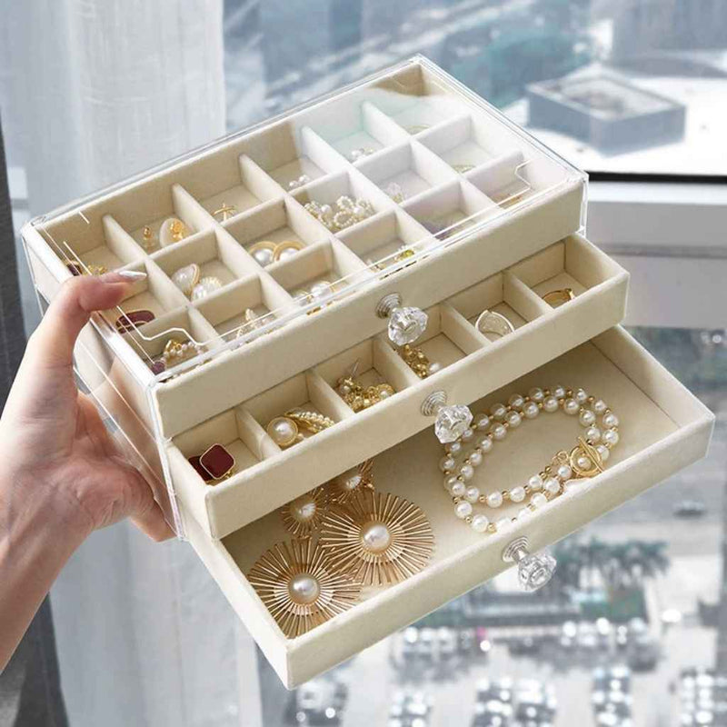 Stackable velvet-lined jewelry case for rings, earrings, and studs