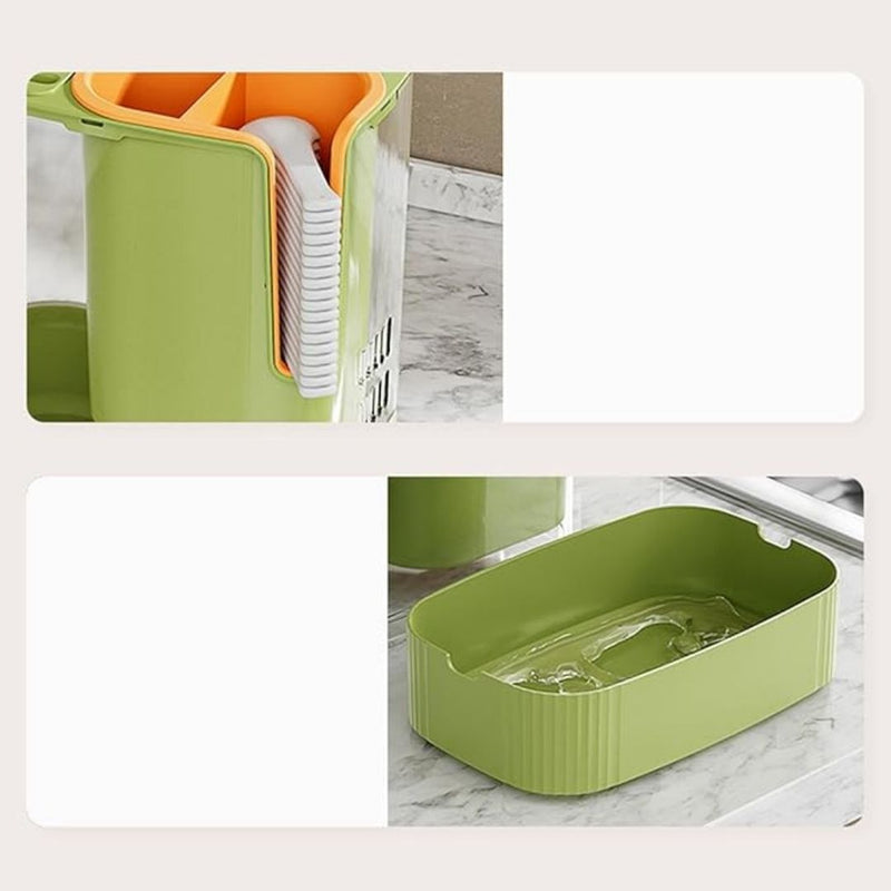 Green kitchen organizer with compartments on a marble surface