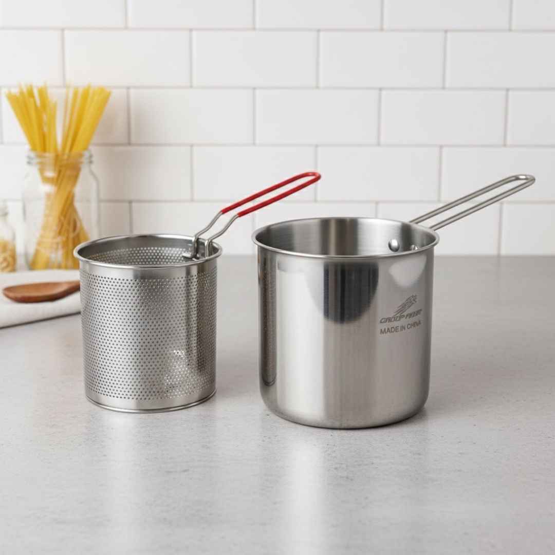 Two stainless steel pots on a kitchen counter with a tiled wall in the background.