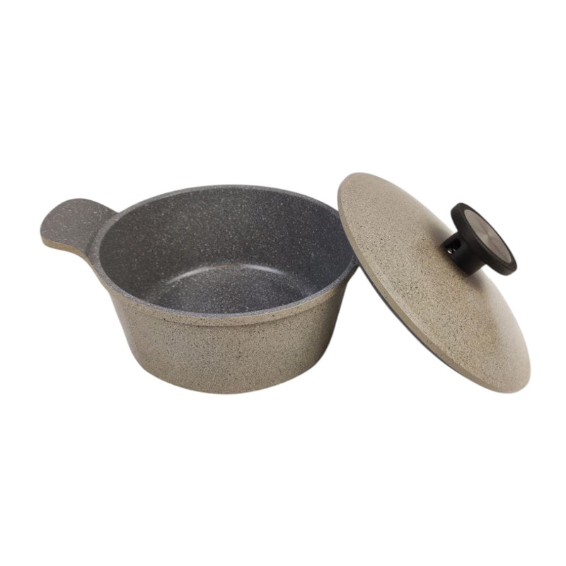 Gray speckled cookware pot with a lid on a white background