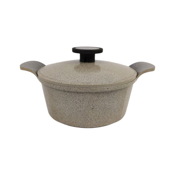 Stone-textured cooking pot with a lid on a white background