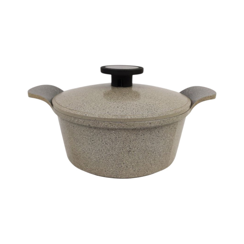 Stone-textured cooking pot with a lid on a white background