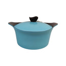 Blue casserole dish with black handles on a white background
