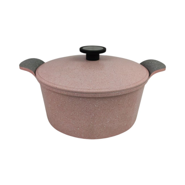 Pink speckled cookware pot with black handles and lid on a white background