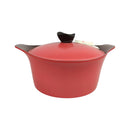 Red pot with black handles and lid on a white background