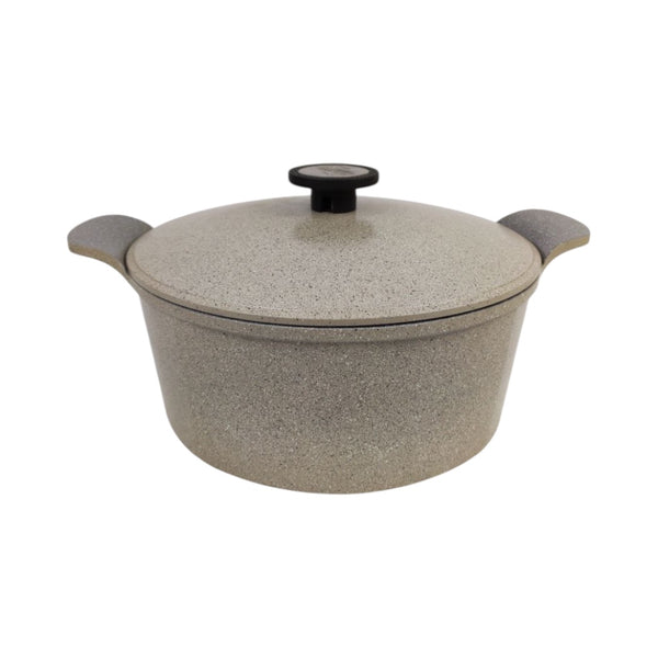 Beige stoneware pot with lid on a white background