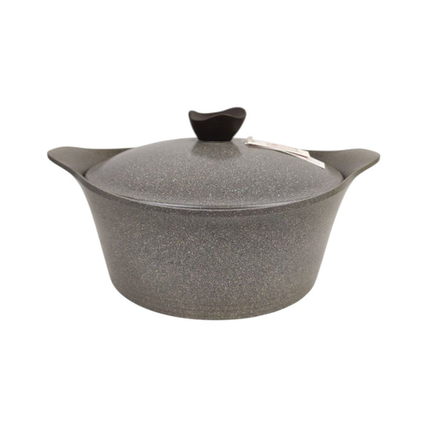 Gray speckled cookware pot with lid on a white background