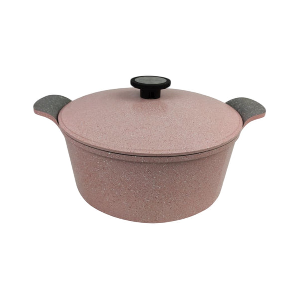 Pink speckled cookware pot with black handles and lid on a white background