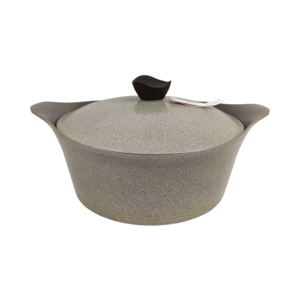Stoneware pot with a lid on a white background