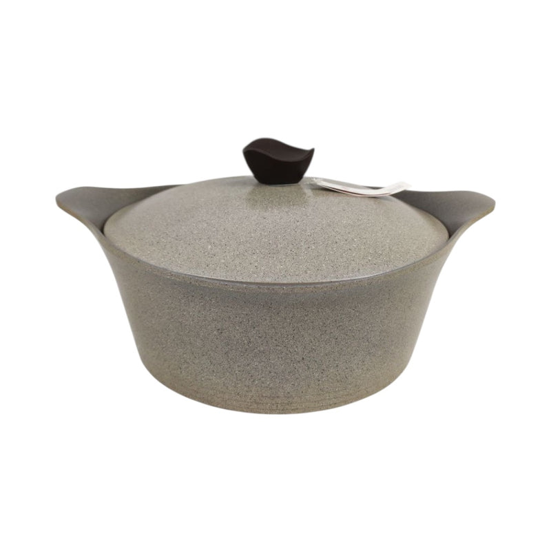 Stoneware pot with a lid on a white background