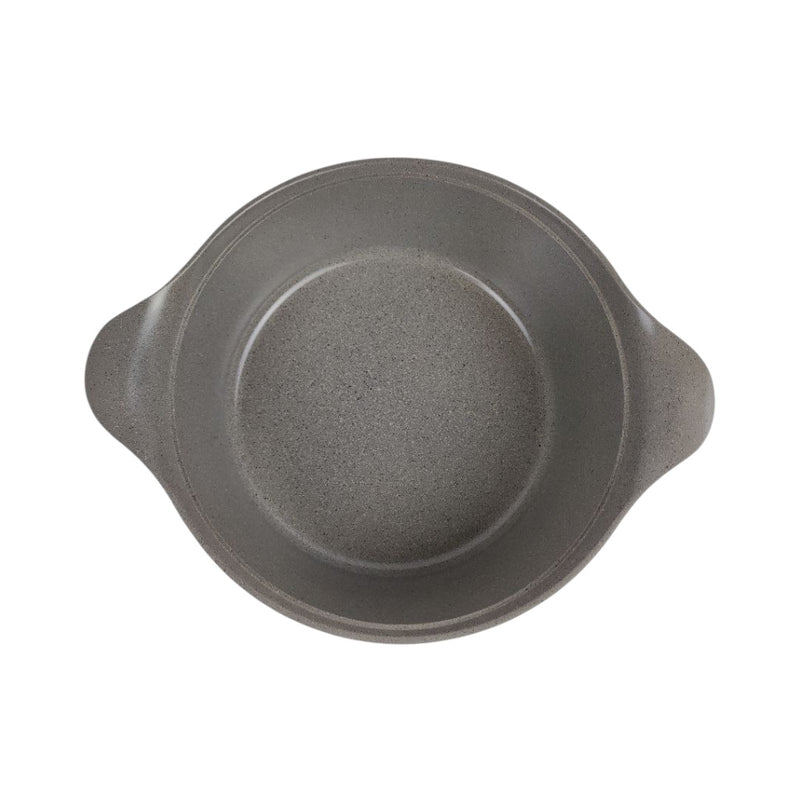 Gray ceramic dish with handles on a white background