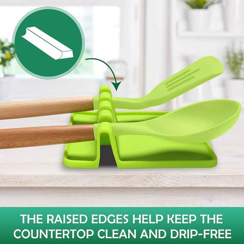 حامل أدوات مطبخ سيليكون – قاعدة مقاومة للحرارة لوضع الملاعق مع صينية لتجميع السوائل