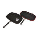 Two black frying pans with red interior on a white background