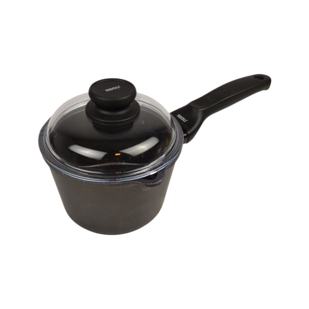 Black cookware set with lid on a white background