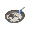 Gray frying pan with blue handle on a white background