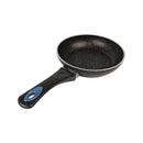 Black speckled frying pan with a blue handle on a white background