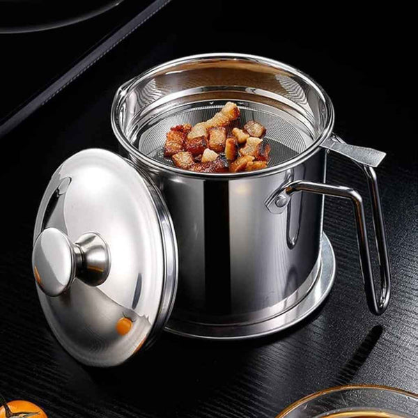 Stainless Steel Oil Storage Pot With Fine Mesh Strainer & Lid – Grease Container For Kitchen Use