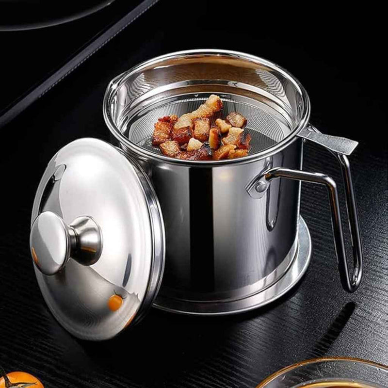 Stainless Steel Oil Storage Pot With Fine Mesh Strainer & Lid – Grease Container For Kitchen Use
