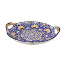 Decorative ceramic tray with blue and yellow pattern on a white background
