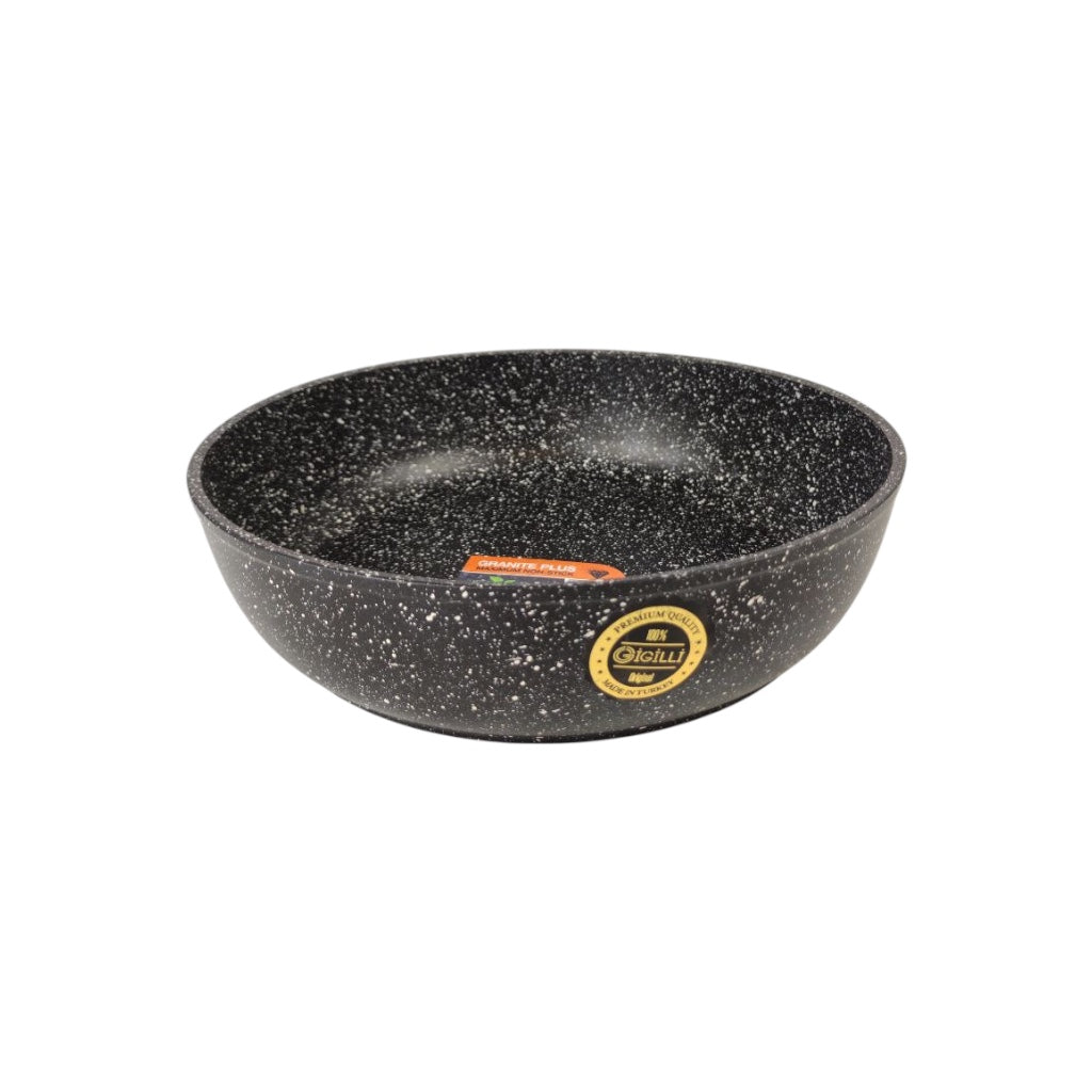 Black speckled bowl with a brand logo on a white background
