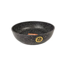 Black speckled bowl with a brand logo on a white background