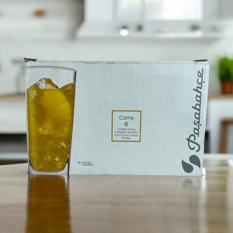 Pasabahce Carre glassware set of 6 tumblers, 305ml with modern square design ideal for juice, water, or soft drinks
