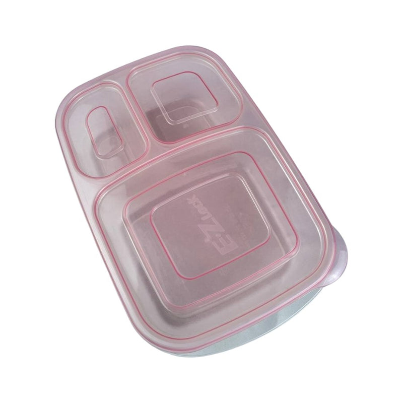 Top view of a pastel pink E-Z Lock food container with three separate compartments and secure lid for food storage | Cupindy