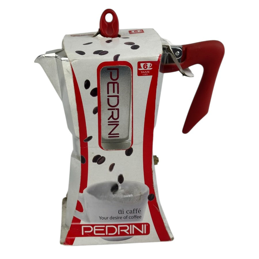 Pedrini 6-Cup Stovetop Moka Coffee Maker - Red Handle - Certified Aluminum Design