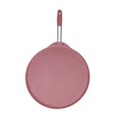 Pink frying pan with a handle on a white background