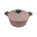 Pink speckled cookware pot with black handles and lid on a white background