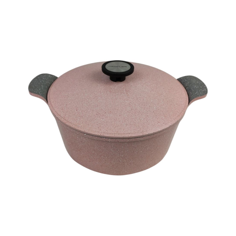 Pink speckled cookware pot with black handles and lid on a white background