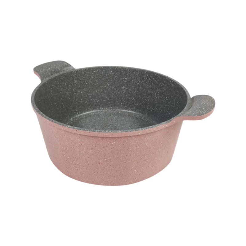 Two-tone pink and gray speckled pot on a white background