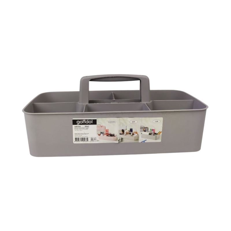 Gray tool organizer with a handle on a white background