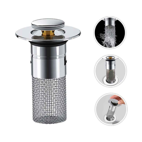 Stainless steel pop-up sink drain stopper with mesh filter