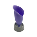 Purple plastic kitchen funnel with angled spout and detachable grey silicone base, upright on white background