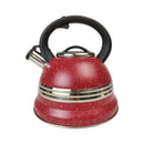 Red speckled kettle with black handle on a white background