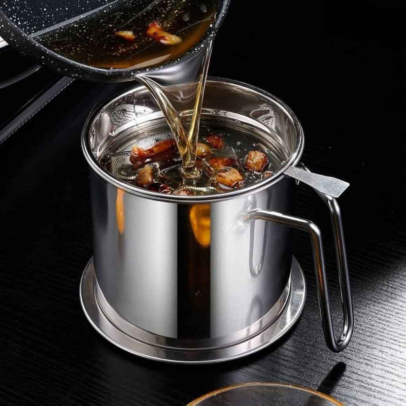 Stainless Steel Oil Storage Pot With Fine Mesh Strainer & Lid – Grease Container For Kitchen Use