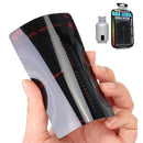 Hand holding a gas level indicator with a close-up inset showing its use on a gas cylinder.