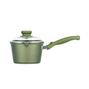 Green saucepan with a lid on a white background