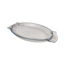 Clear glass baking dish with blue rim on a white background