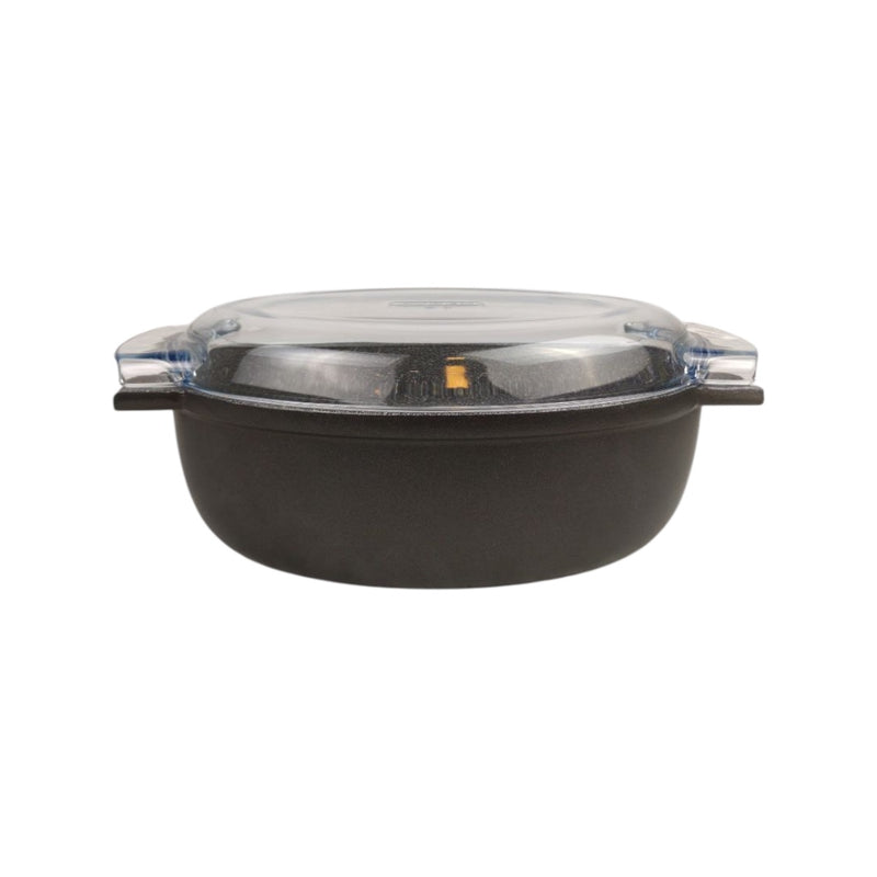 Black dish with a clear lid on a white background