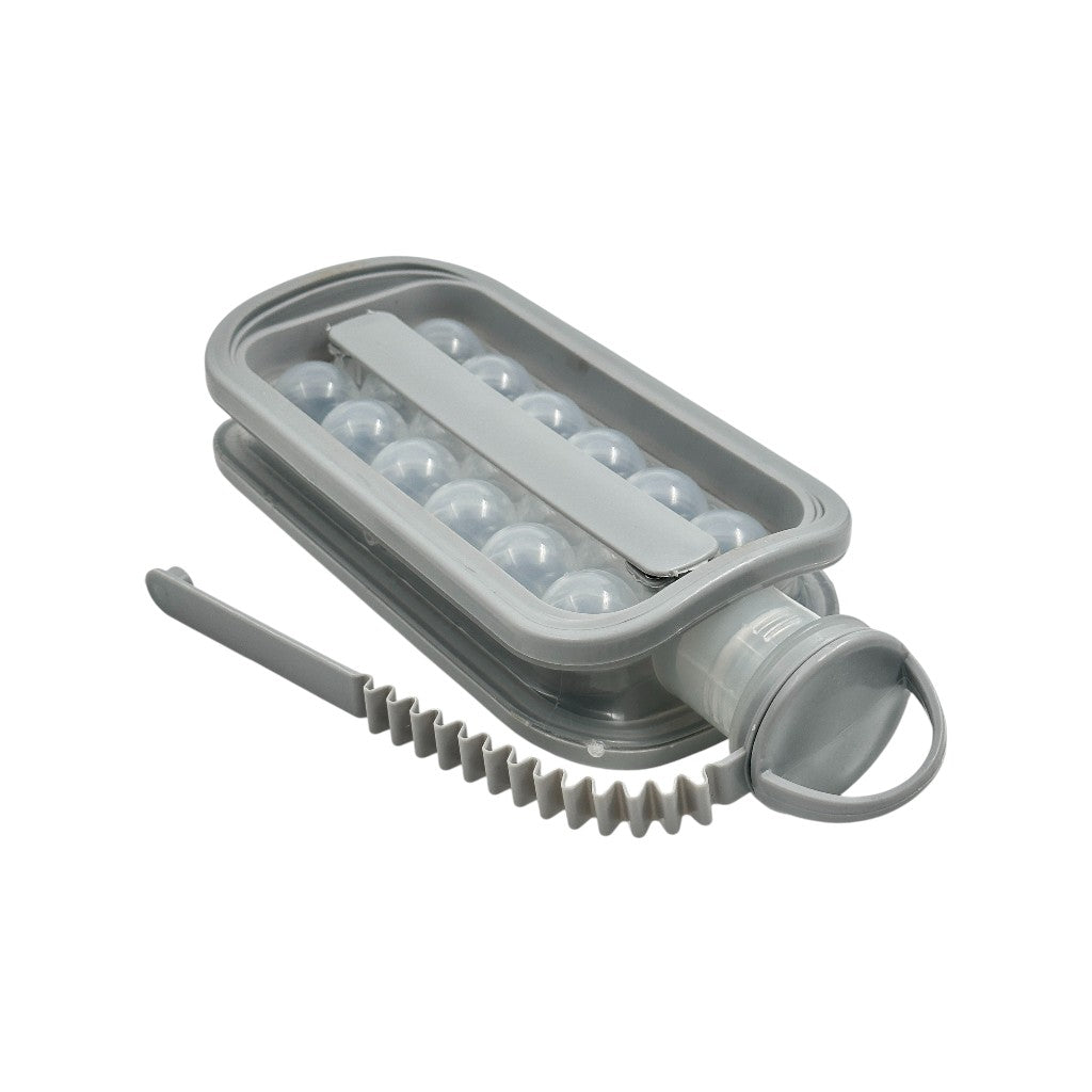 Gray ice cube tray with lid and handle on a white background