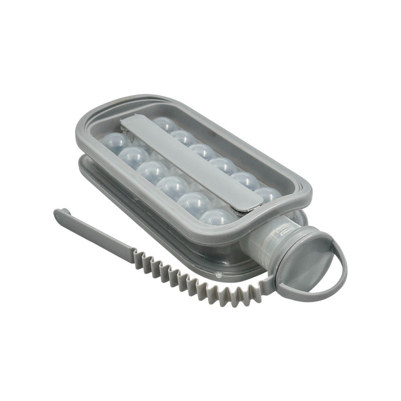Gray ice cube tray with lid and handle on a white background