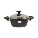 Black speckled cookware set with a lid on a white background