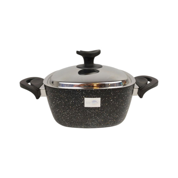 Black speckled cookware set with a lid on a white background