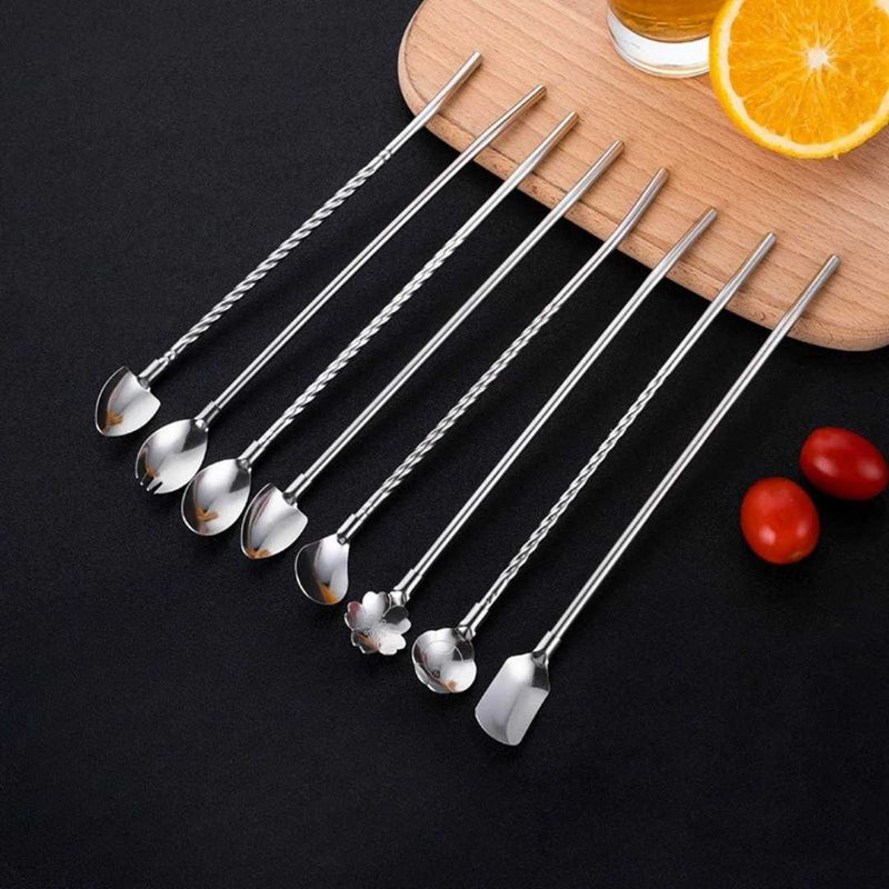 Colorful Stainless Steel Straw Spoon Set – 6-Piece Reusable Cocktail & Beverage Stirring Straws