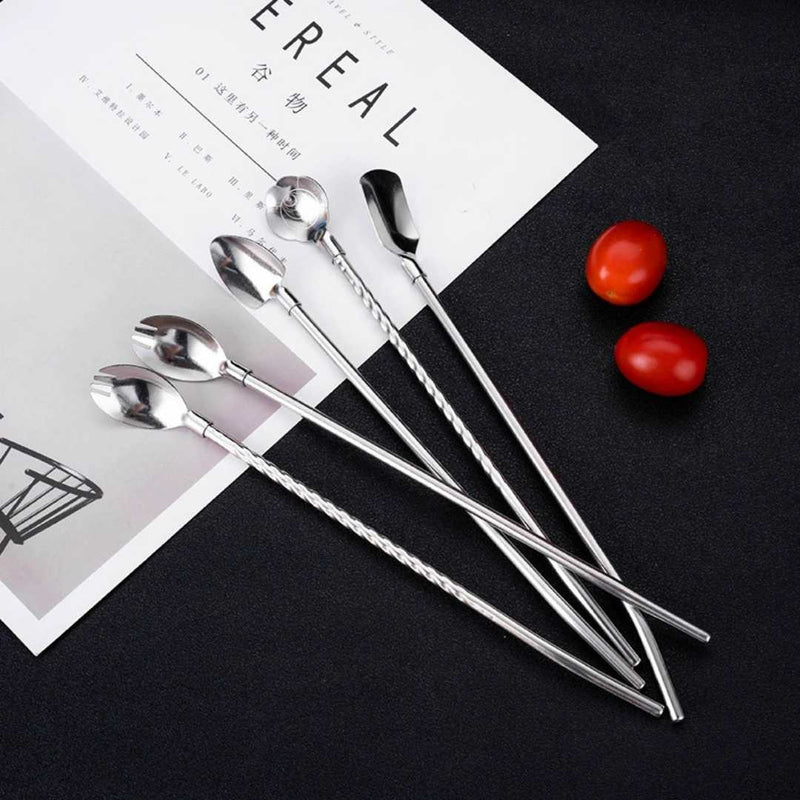 Colorful Stainless Steel Straw Spoon Set – 6-Piece Reusable Cocktail & Beverage Stirring Straws